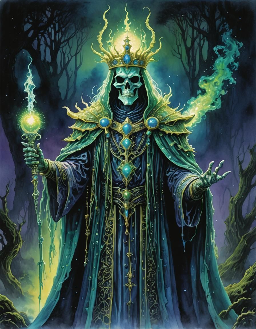 bioluminescent fantasy LICH, contemporary art, CREEPY LAB, vaporwave PROFESSIONAL watercolor, pointillism, ...  by @Nyxator 