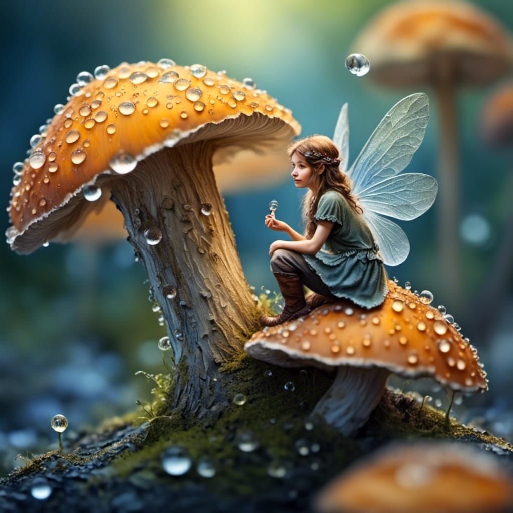 Macro Photo of a Fairy on Mushroom