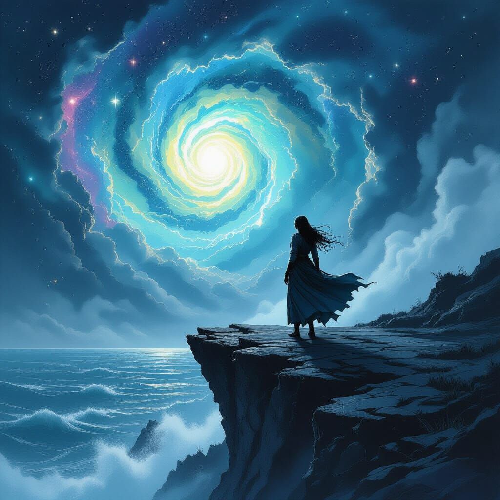 A lone, powerful woman ninja warrior listands on a jagged cliff edge, battered by a tempestuous, bioluminescent sea. The sky above is a swir...