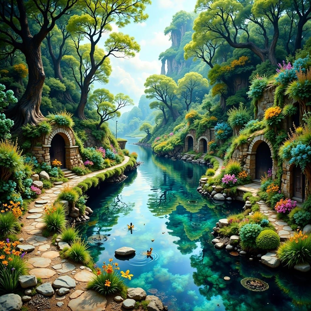 river scenery , impressionist watercolor paint by Claude Monet, Carne Griffiths, Geoffroy Thoorens, James Christensen, intricate, natural li...