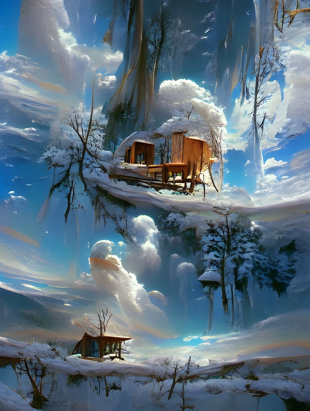 treehouse cabin in the snow