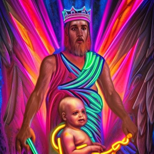 Neon King Solomon splitting the baby in twain - AI Generated Artwork