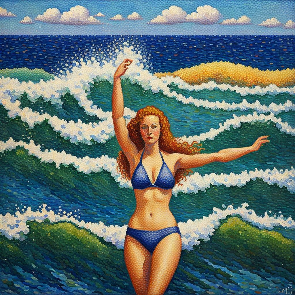 Bikini Model in Waves, Neo-Impressionist Oil Painting