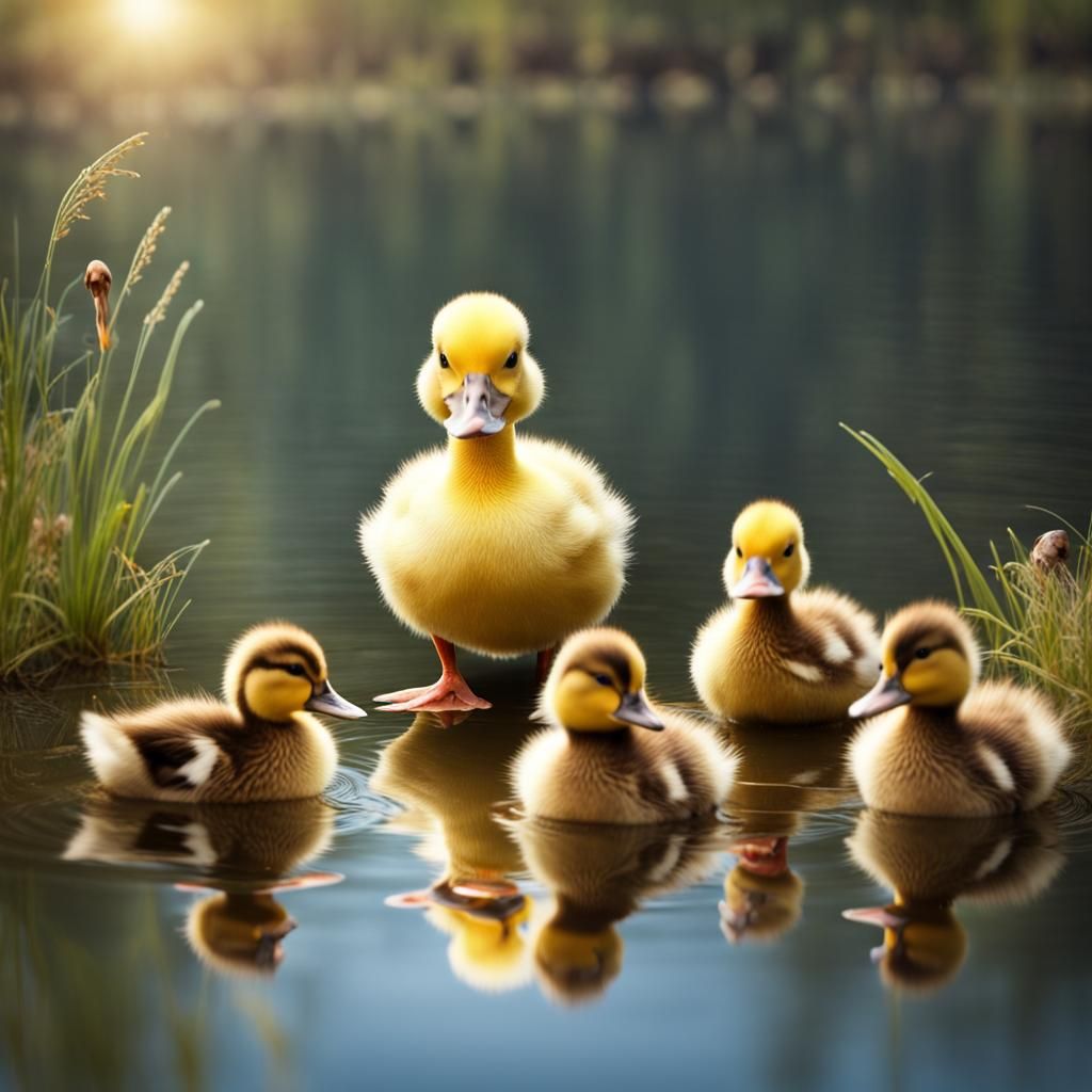 A cute baby duck on a magical lake, surrounded by older duck...