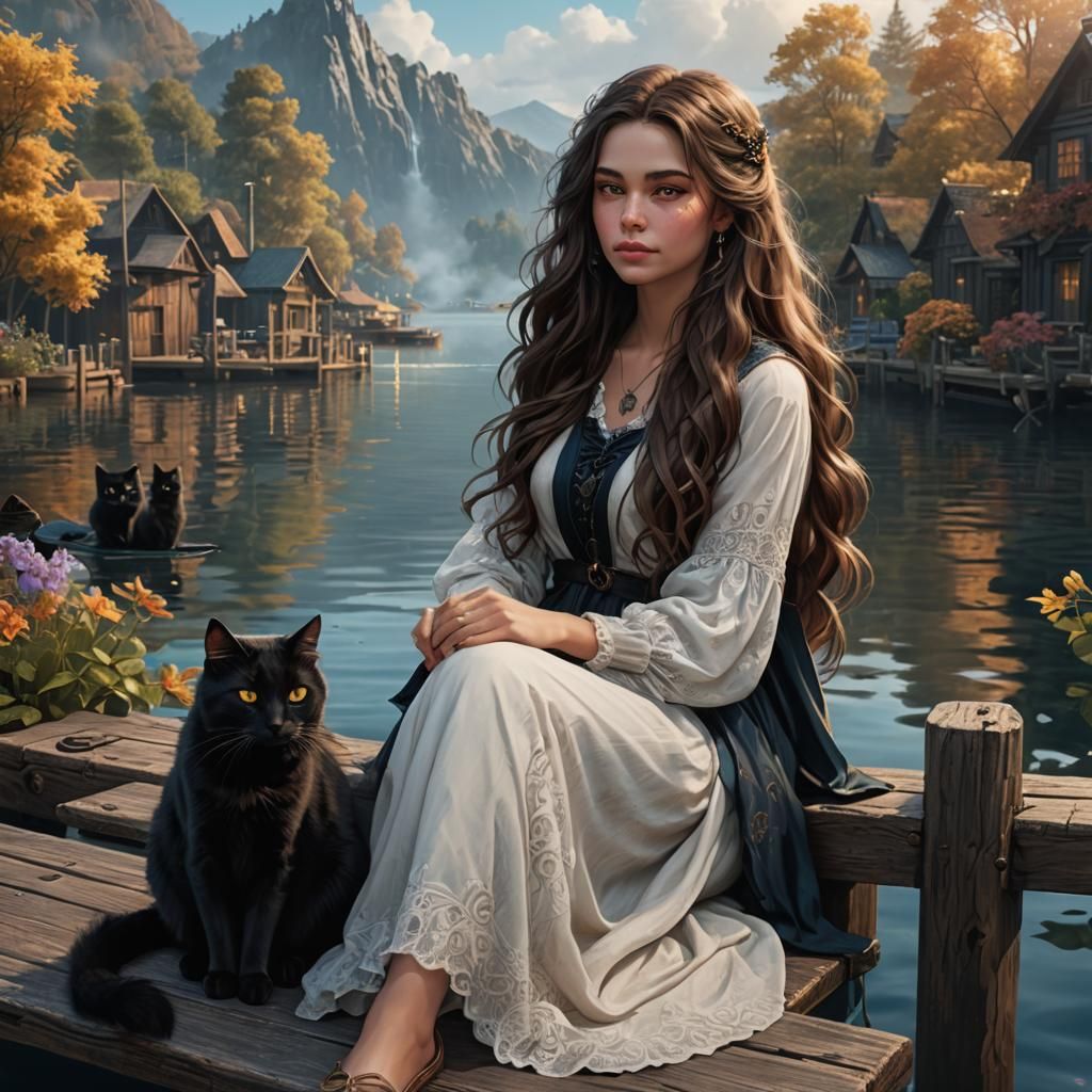 a woman with long brown wavy hair sitting on a dock next to ...