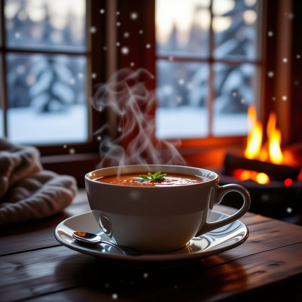 Cozy Winter Cabin with Steaming Tomato Soup