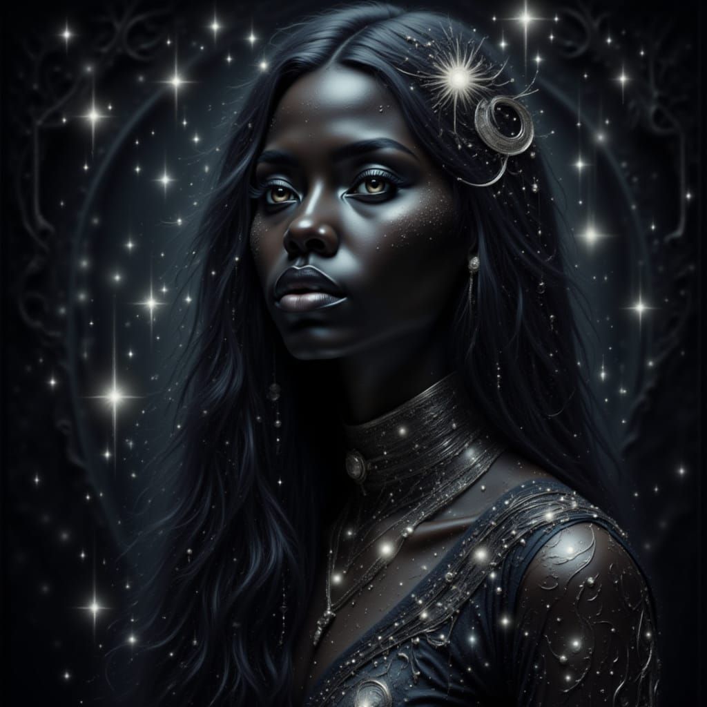 <lora:Darkspark Intensity:1.0> Glowing portrait black woman African goth metalhead long haired spirit woman in a dark room in a Victorian dr...