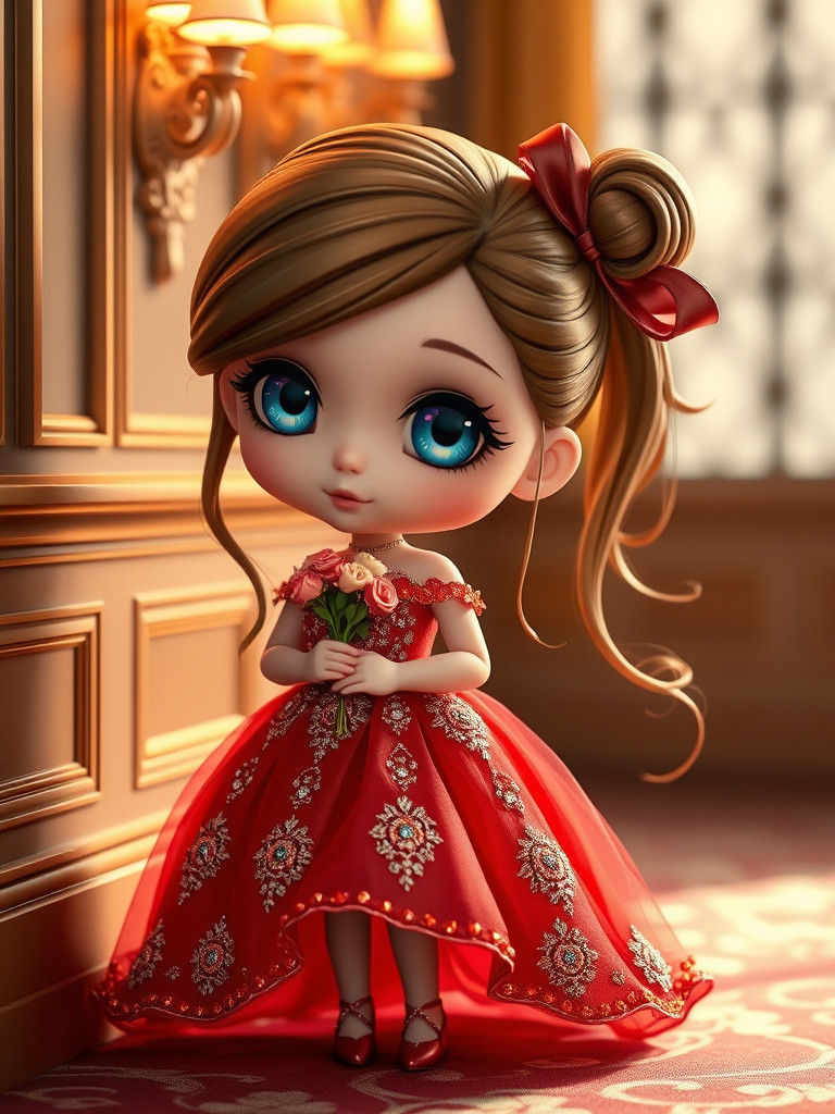 Cute chibi bjd girl, crystal blue eyes, thick lashes, dresse...