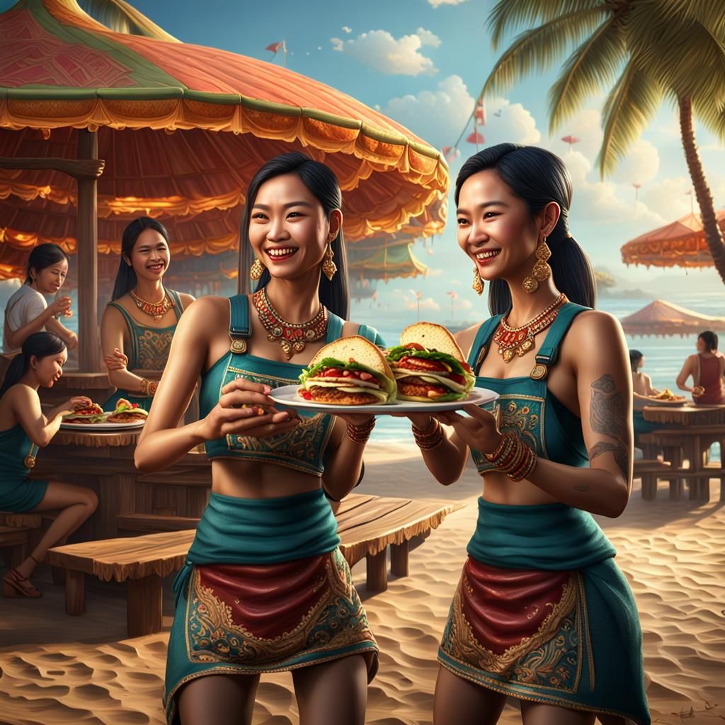 2 beautiful Thai bargirls are Eating tacos at Jomtien beach detailed matte painting, deep color, fantastical, intricate ...