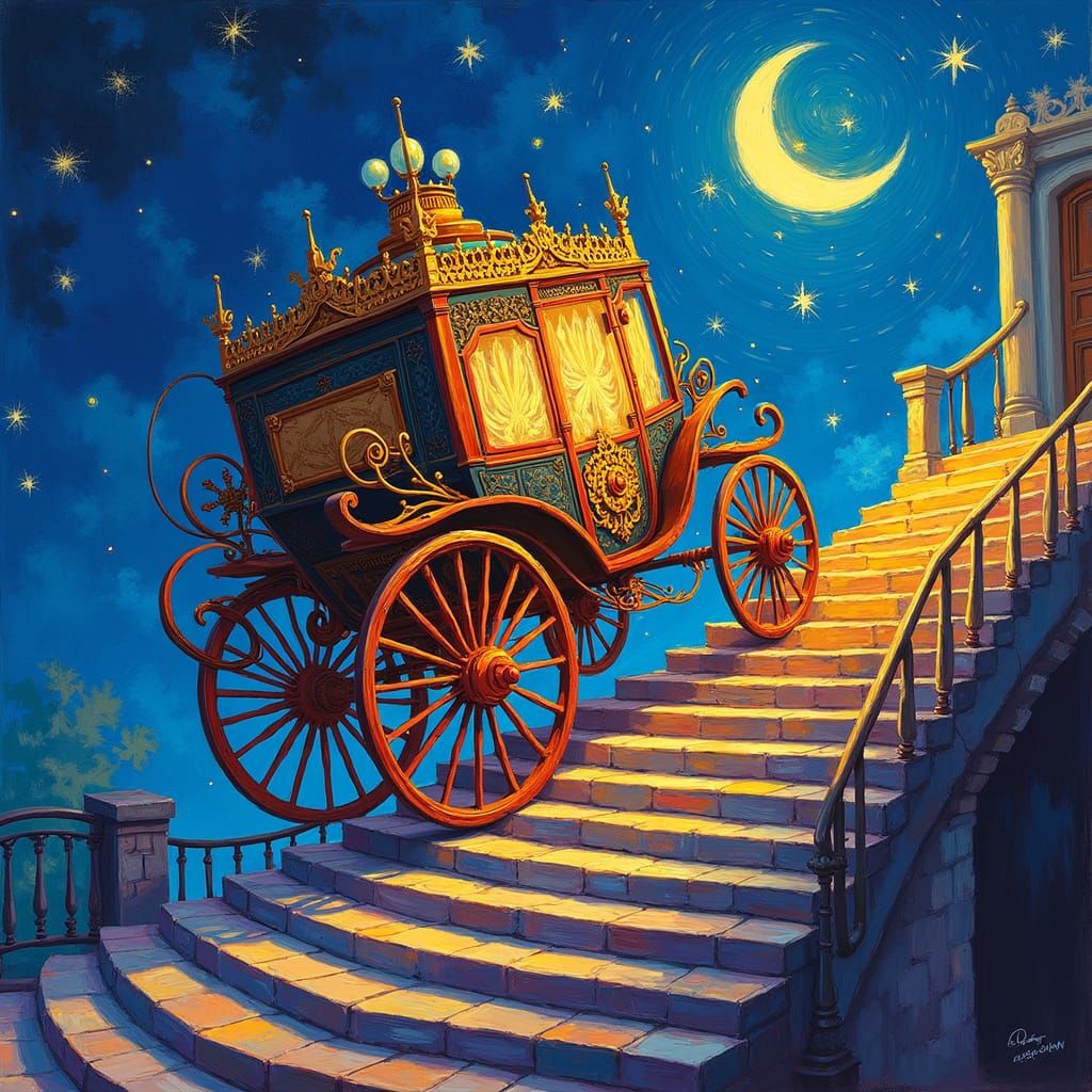 Whimsical Nighttime Carriage Ride in a Dreamlike, Surreal Sc...