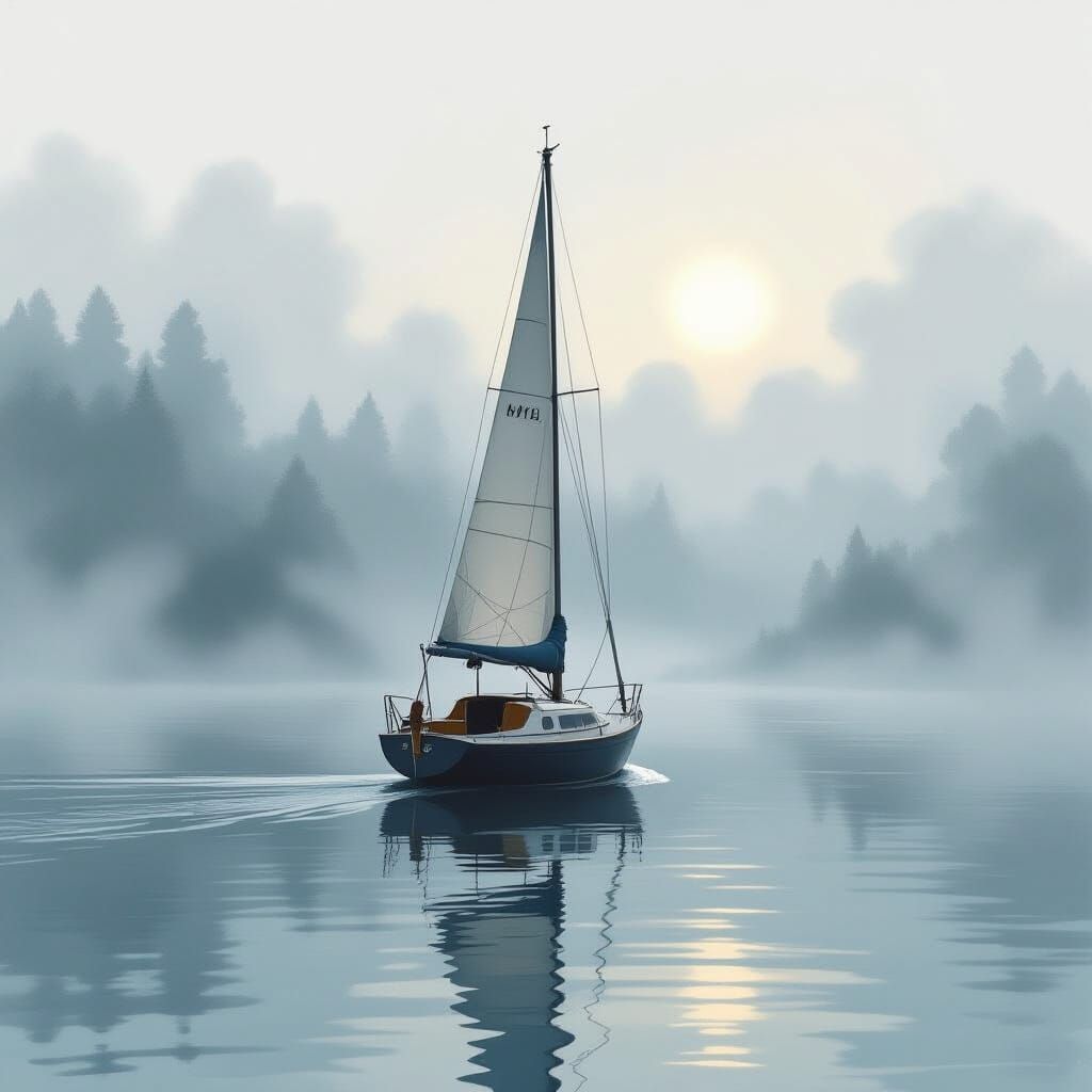 Sailboat in Misty Waters: Dreamy Watercolor Art