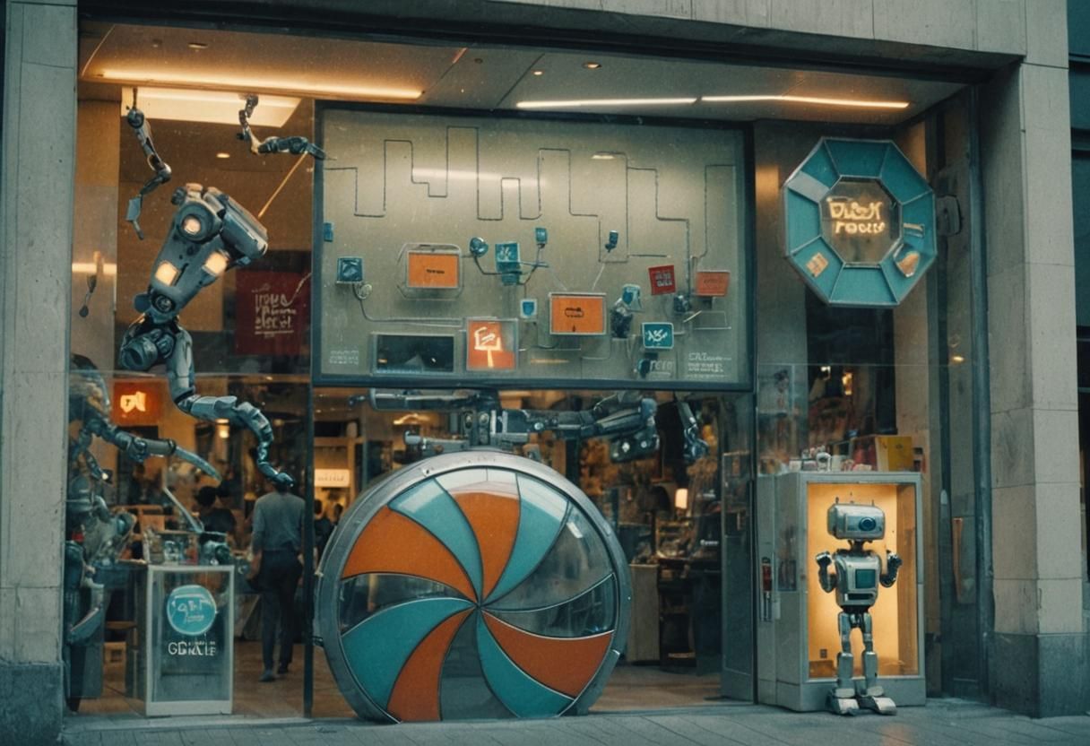 futuristic window shops with a robot at the door