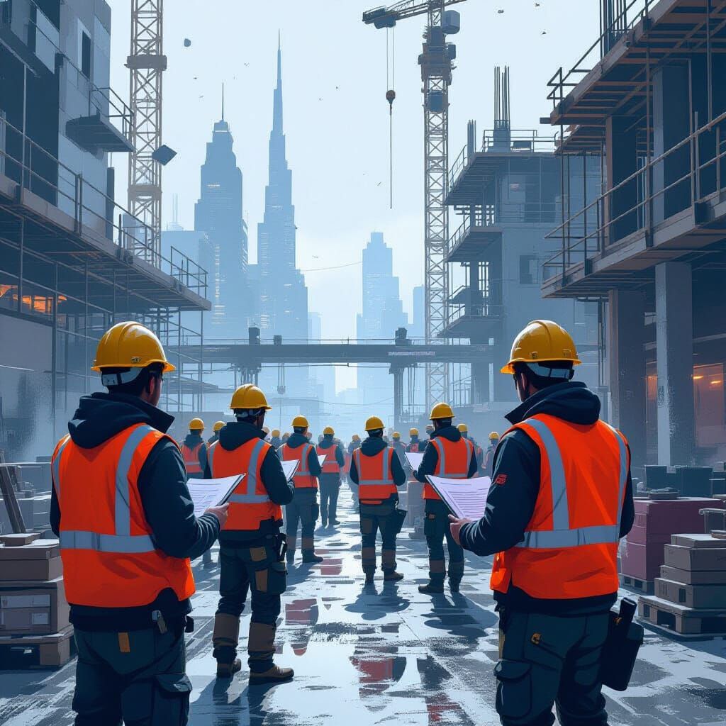 Construction Workers in Futuristic Industrial Setting