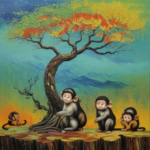Monkeys in Forest: Neo-Impressionist Oil Painting