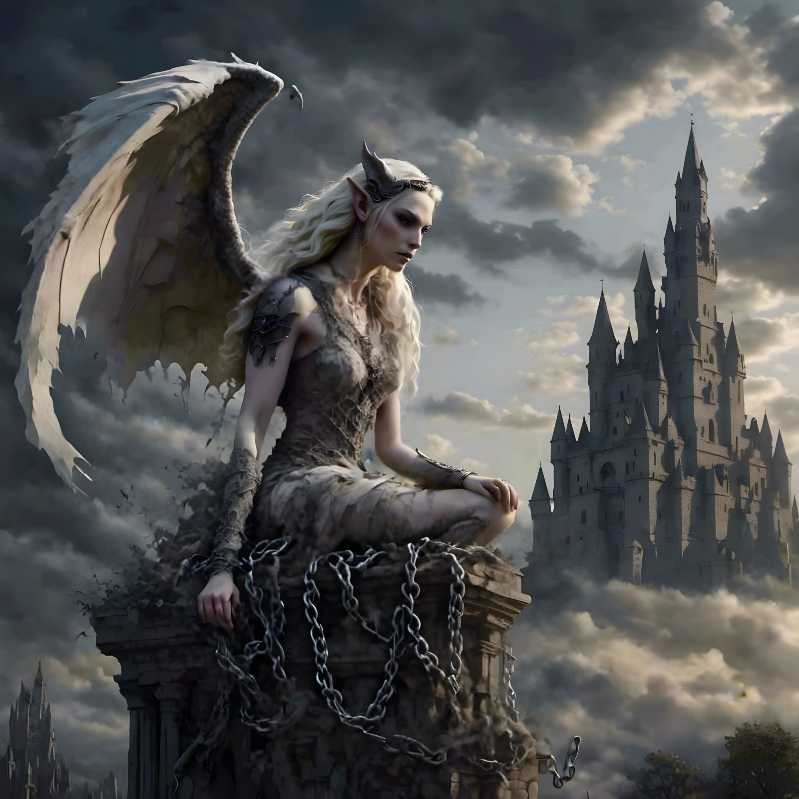 Gothic Stone Gargoyle in Chains on Cloud Castle