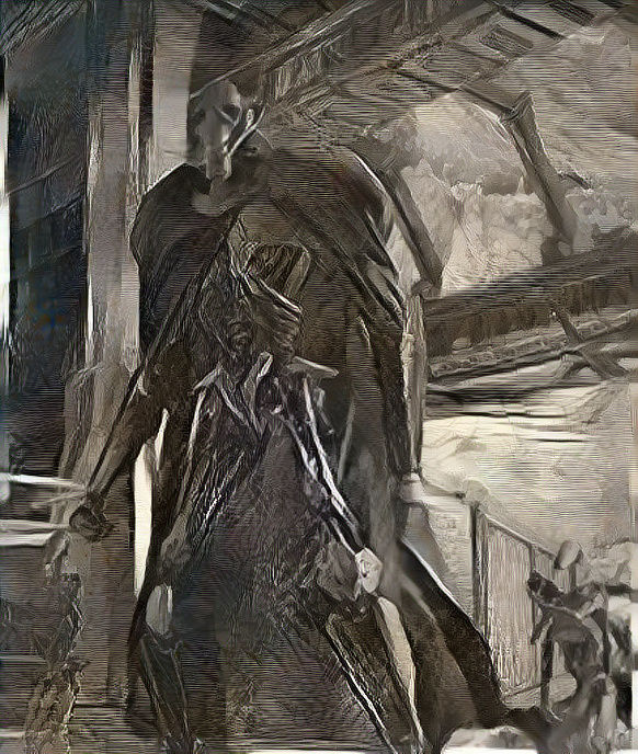 Image printed via wood engraving, Gustave Doré style: General Grievous - Chromium Cloaked in Darkness