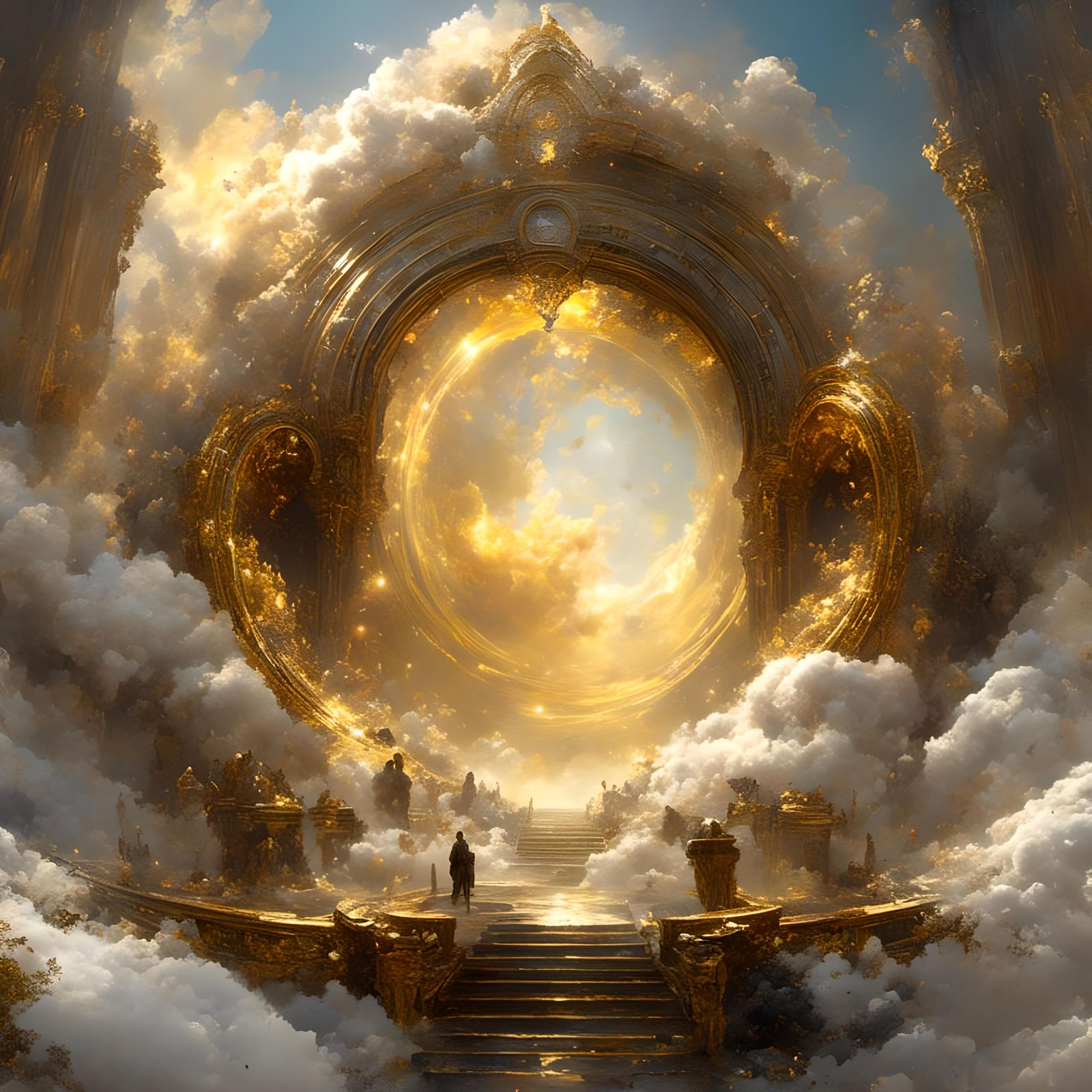 <lora:Coherent Vibrance:1.0> giant golden crystal portal, swirling golden spiral clouds, magical in amazing style, Edwin Landseer, Ismail In...