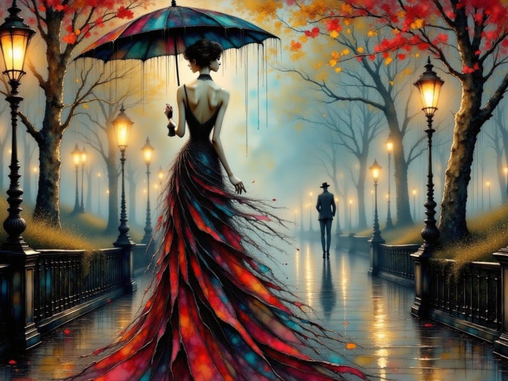 <lora:Lauras Romance:1.0> Abstract surreal elegant woman with detailed face in elegant dress  walking in Central Park on a foggy night  Rafa...