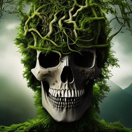 skull covered in vines