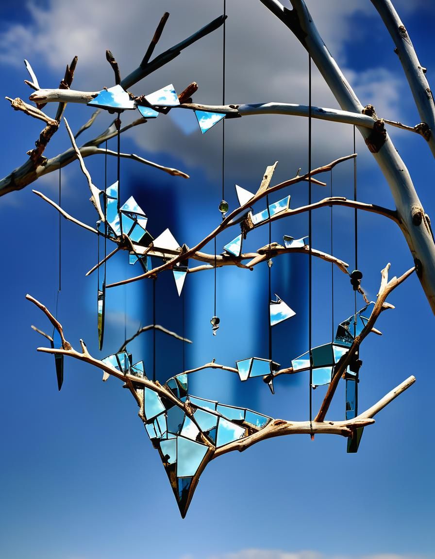 art object made of driftwood and mirror shards