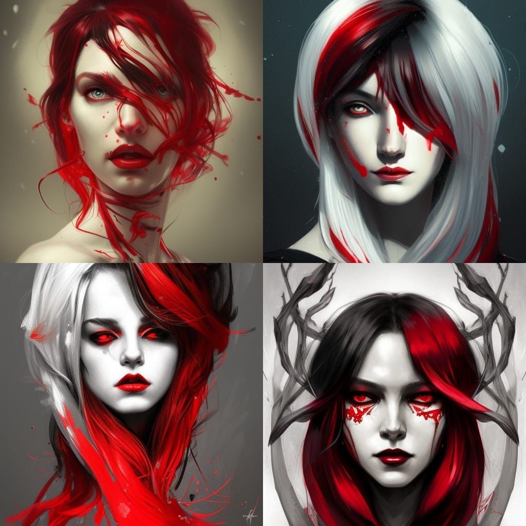 Red black white woman silver hair rage night dark forest