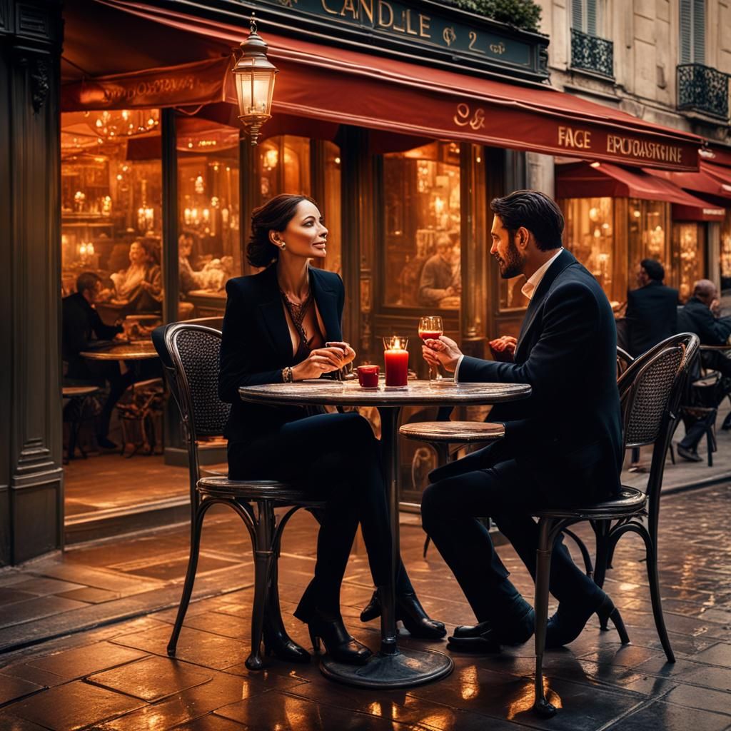 A Man and a woman in a parisian sidewalk cafe.
For the love ...