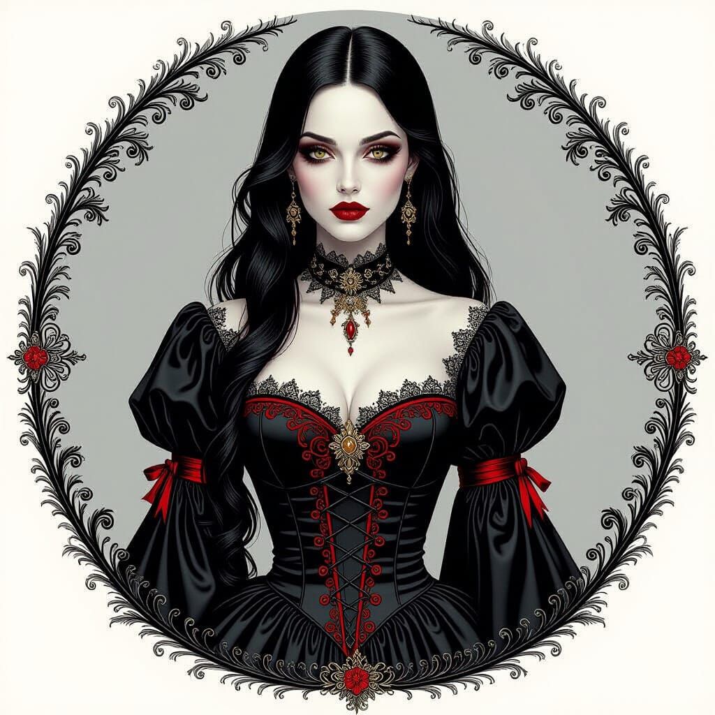 Gothic Woman in Ornate Black Gown with Dramatic Lighting
