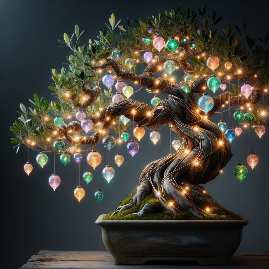 Olive bonsai tree adorned with string lights made of iridescent bulbs