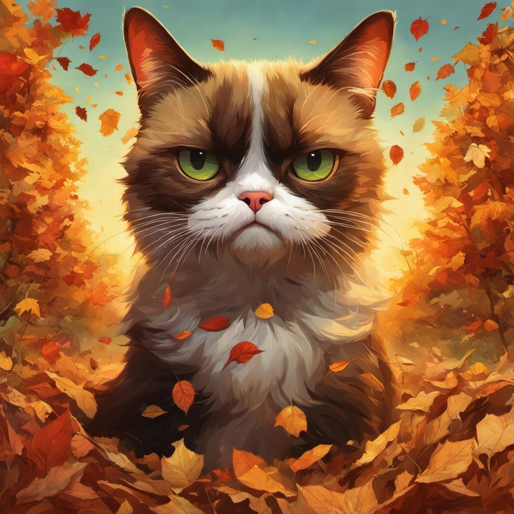 grumpy cat in a pile of autumn leaves