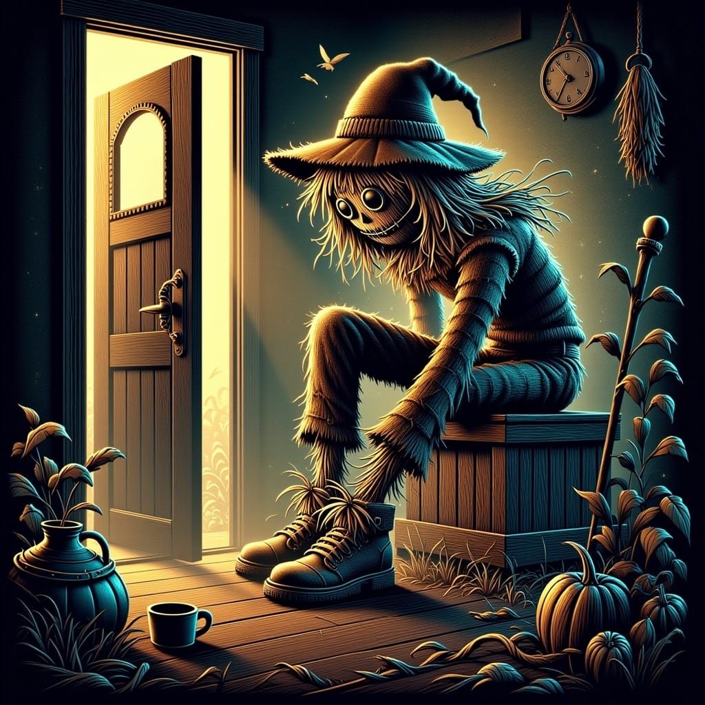<lora:Steampunk Scarecrows:1.0> A close-up of a man tying his shoes, ready to head out for a morning jog, with the front door slightly open...