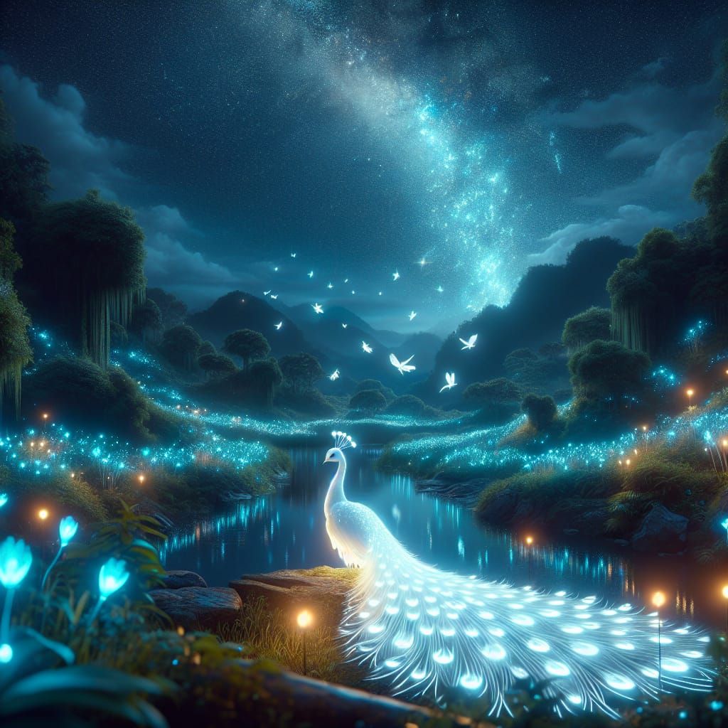 Create an enchanting scene featuring a bioluminescent white peacock displaying its wide-open plumage. ...  by @Alex