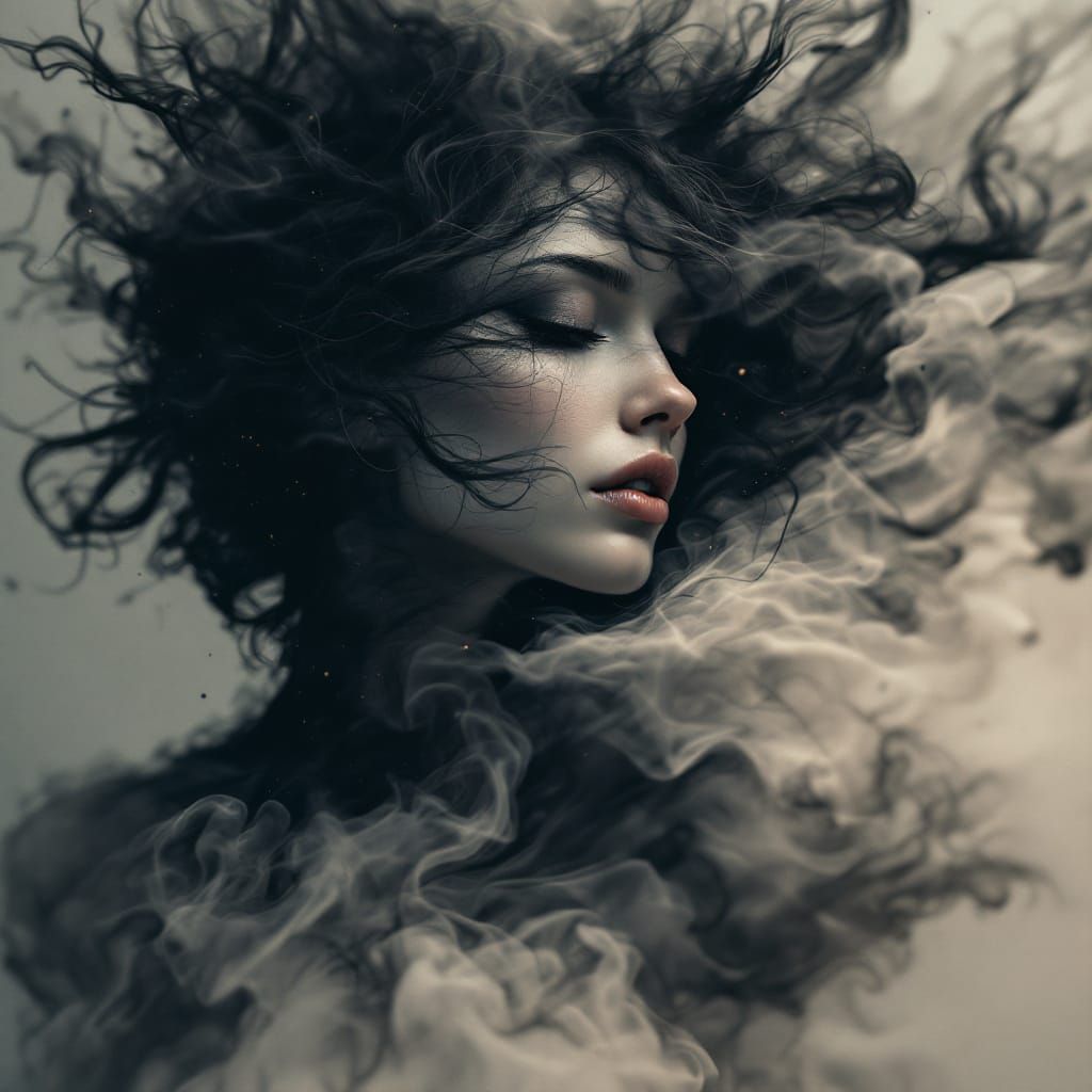 Elegant Woman Dissolving into Swirling Smoke: Digital Art