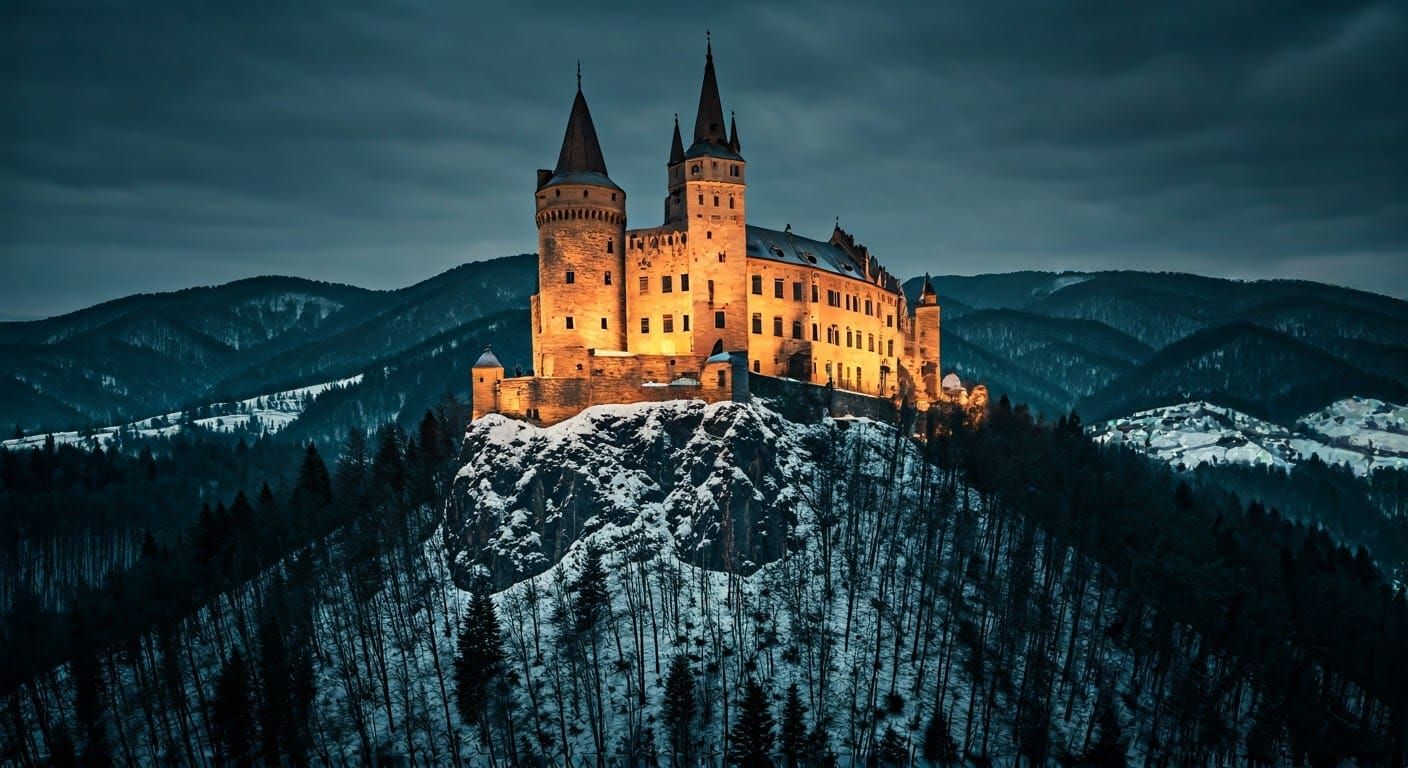 Medieval Fortress in the Carpathian Mountains, Winter Night