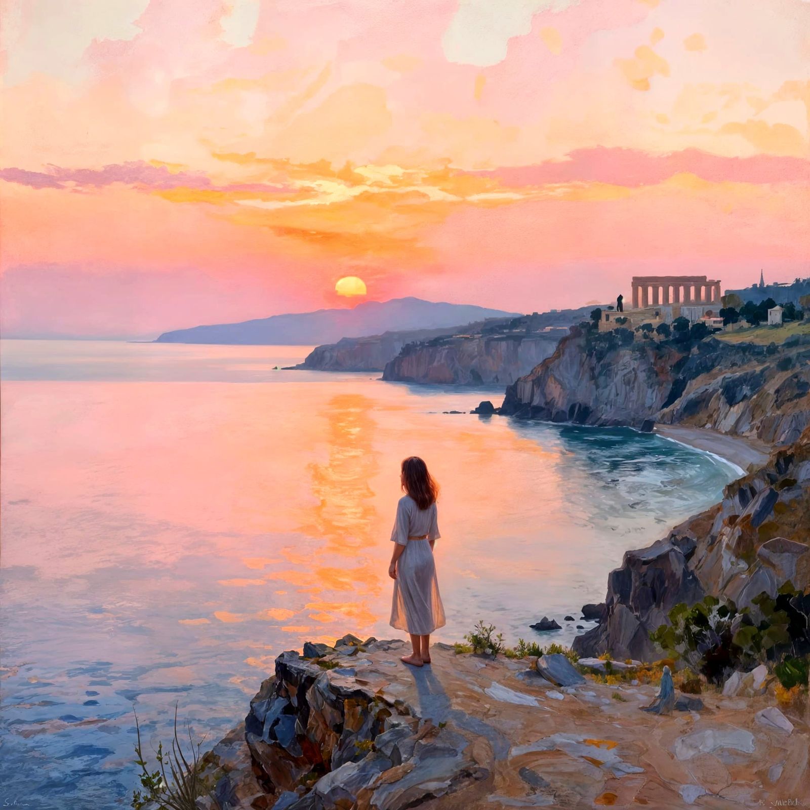 Woman on Cliff Overlooking Dawn Mediterranean Coast
