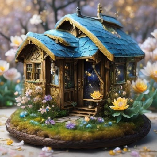 Whimsical Hobbit Treehouse Diorama in Folk Art Style