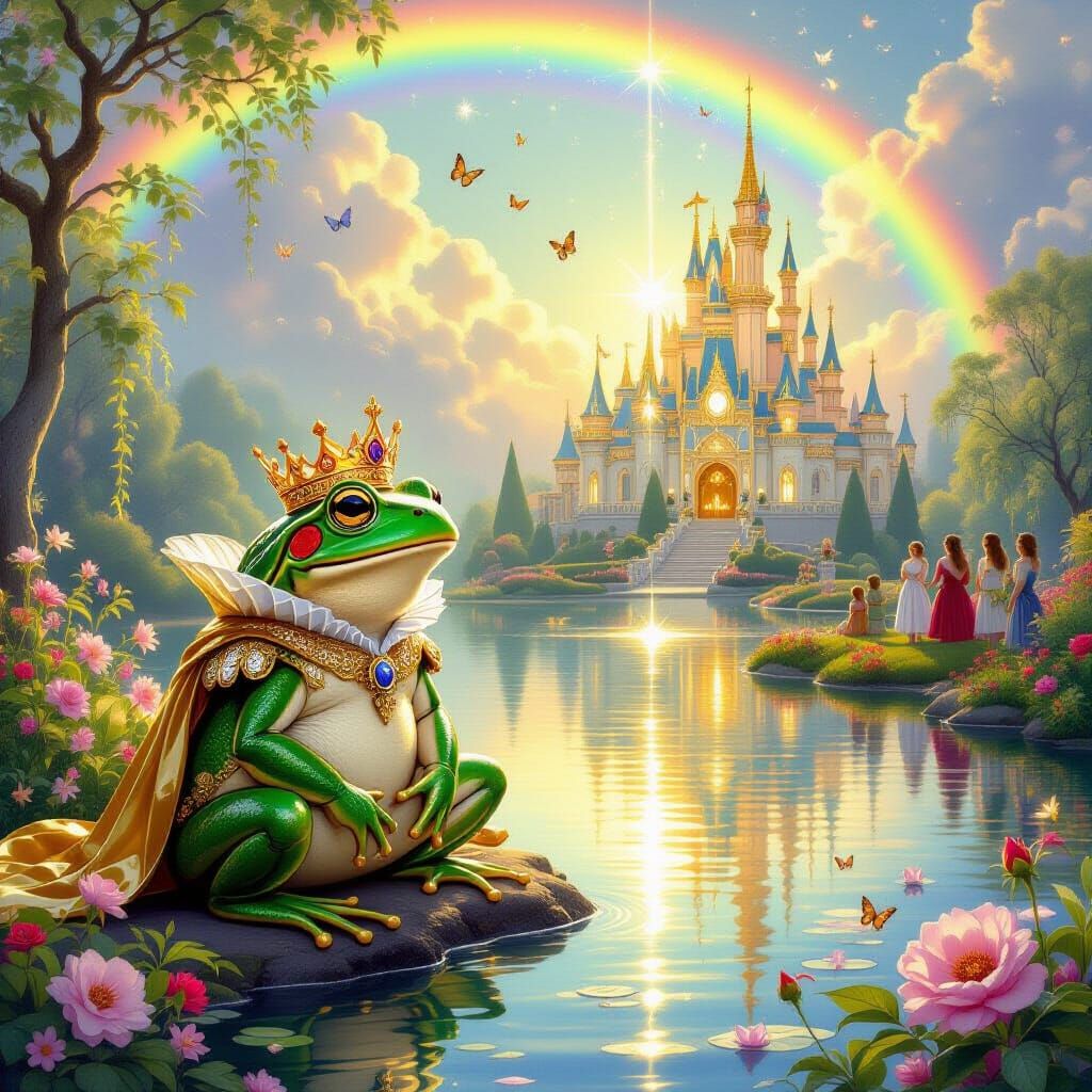 “A magical scene where a green frog sits beside a sparkling pond. Suddenly, a burst of golden light surrounds it, and the frog begins to tra...