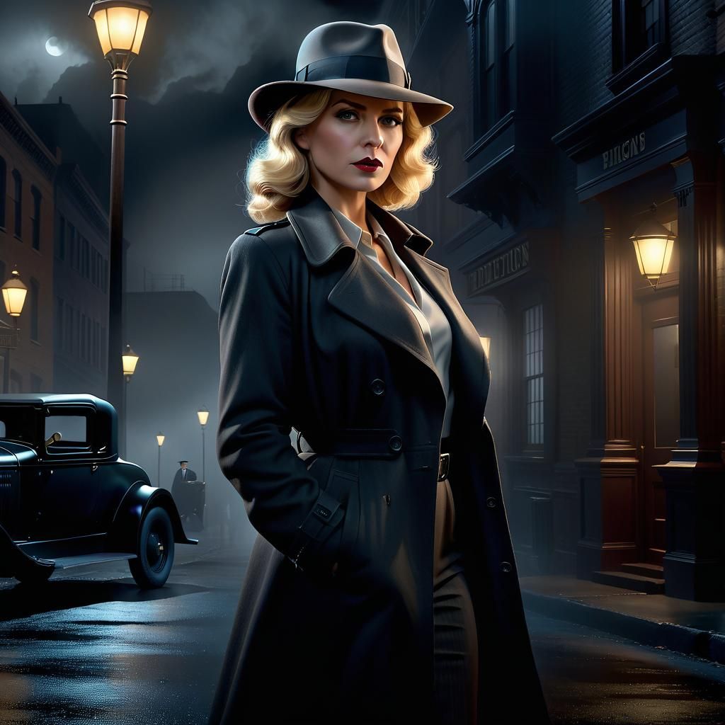 full-body detailed matte painting of a female detective with blond hair ...