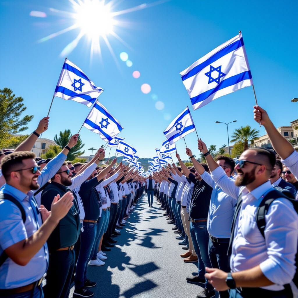 Cheering Crowd Waves Israeli Flags in Vibrant Street Scene