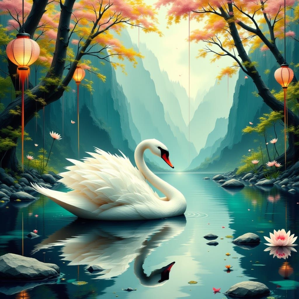 Elegant Calligraphic Swan on Clear River in Spring