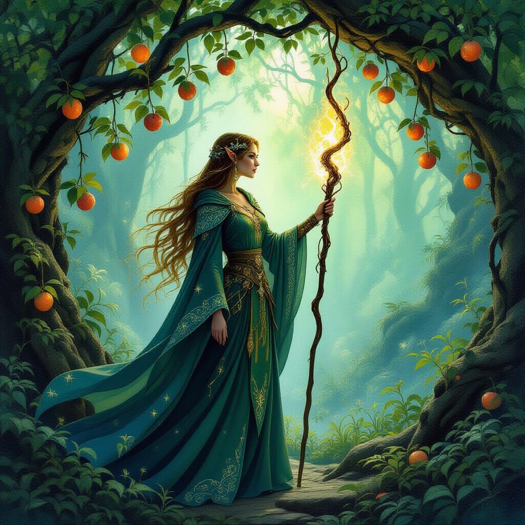 A majestic elven sorceress stands amidst an ancient, glowing forest, her robes woven with threads of starlight. She holds a staff crackling ...