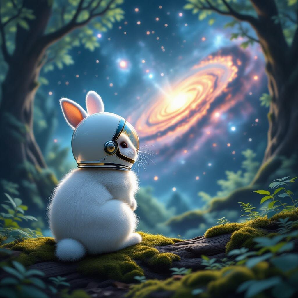 Fluffy Rabbit Astronaut in Enchanted Forest Nebula