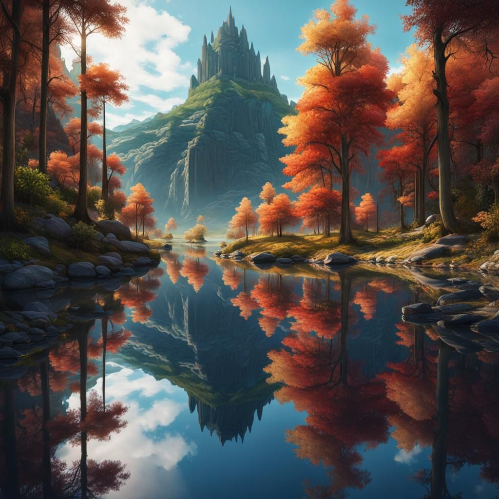 Tall shot long shot wide shot of a reflection in water, watercolor style. detailed matte painting, deep ...  by @Joel S
