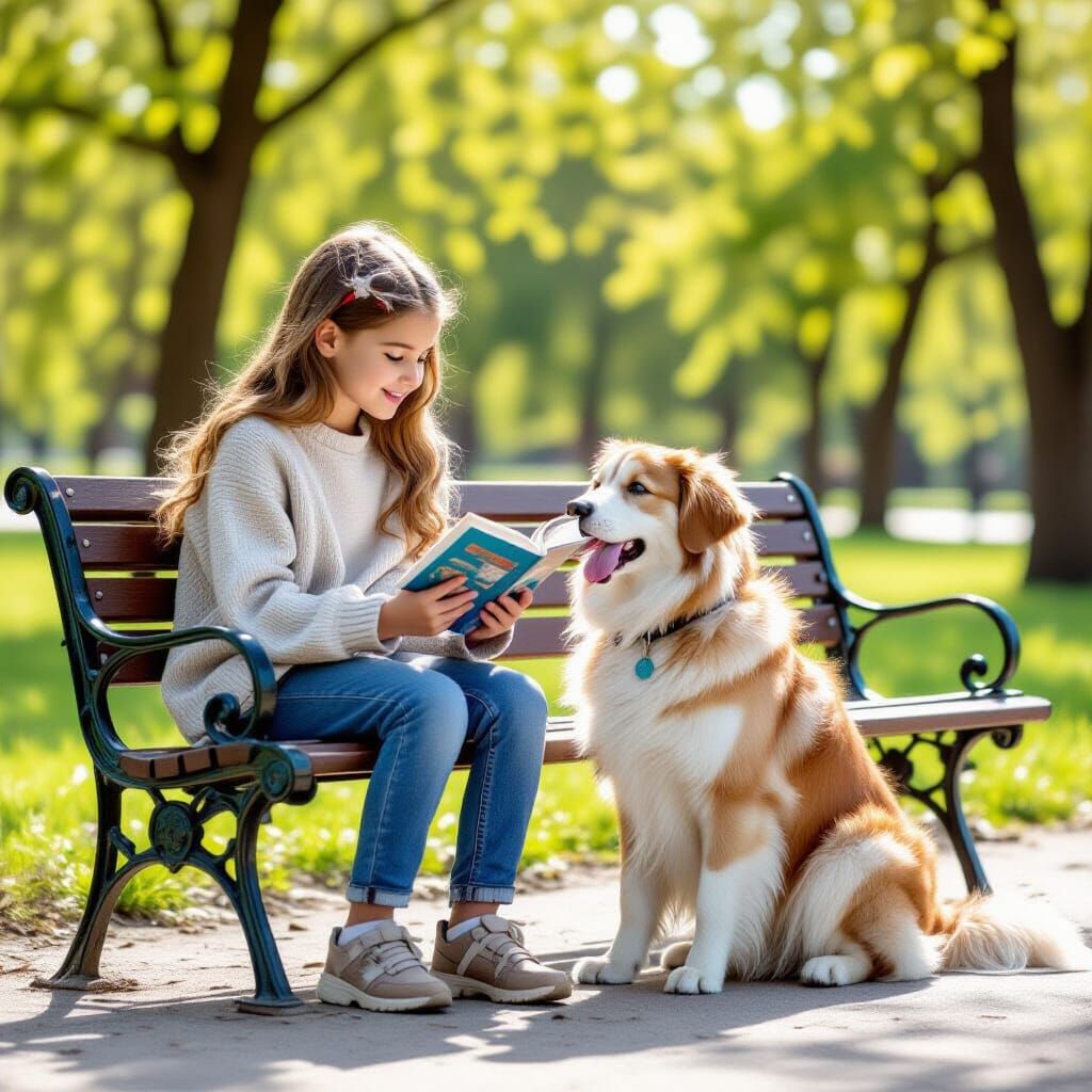 Young Girl Reads to Teddy Bear on Park Bench
