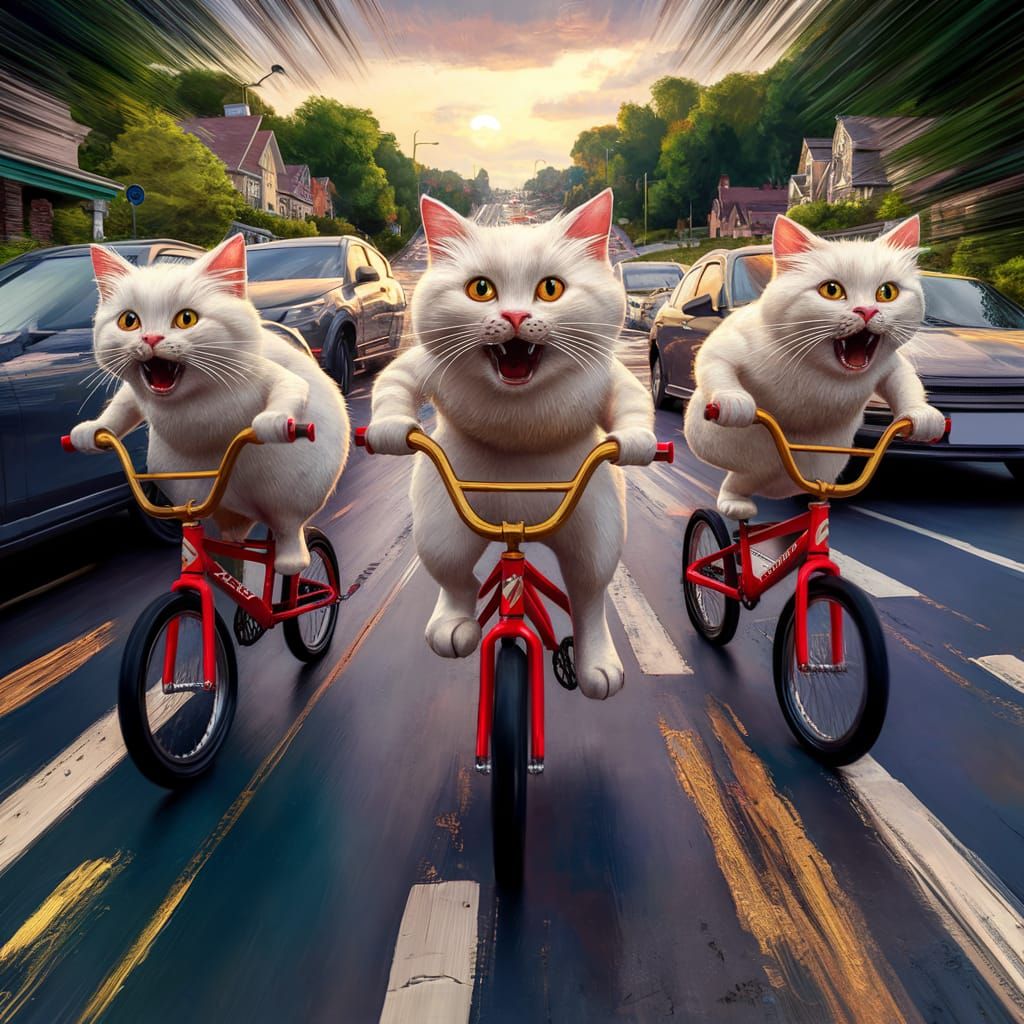 Quirky 3D 64K 2 white cats ride separate bmx bikes at high speed one after the other in the middle of ...  by @Karin