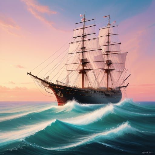 Cat on Ship Sailing at Sunset: Oil Painting