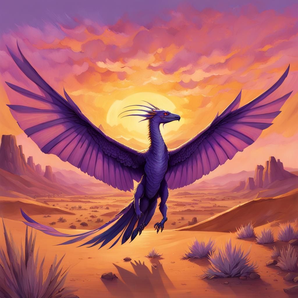 A wings of fire cover, a purple Rainwing in a sunset desert ...