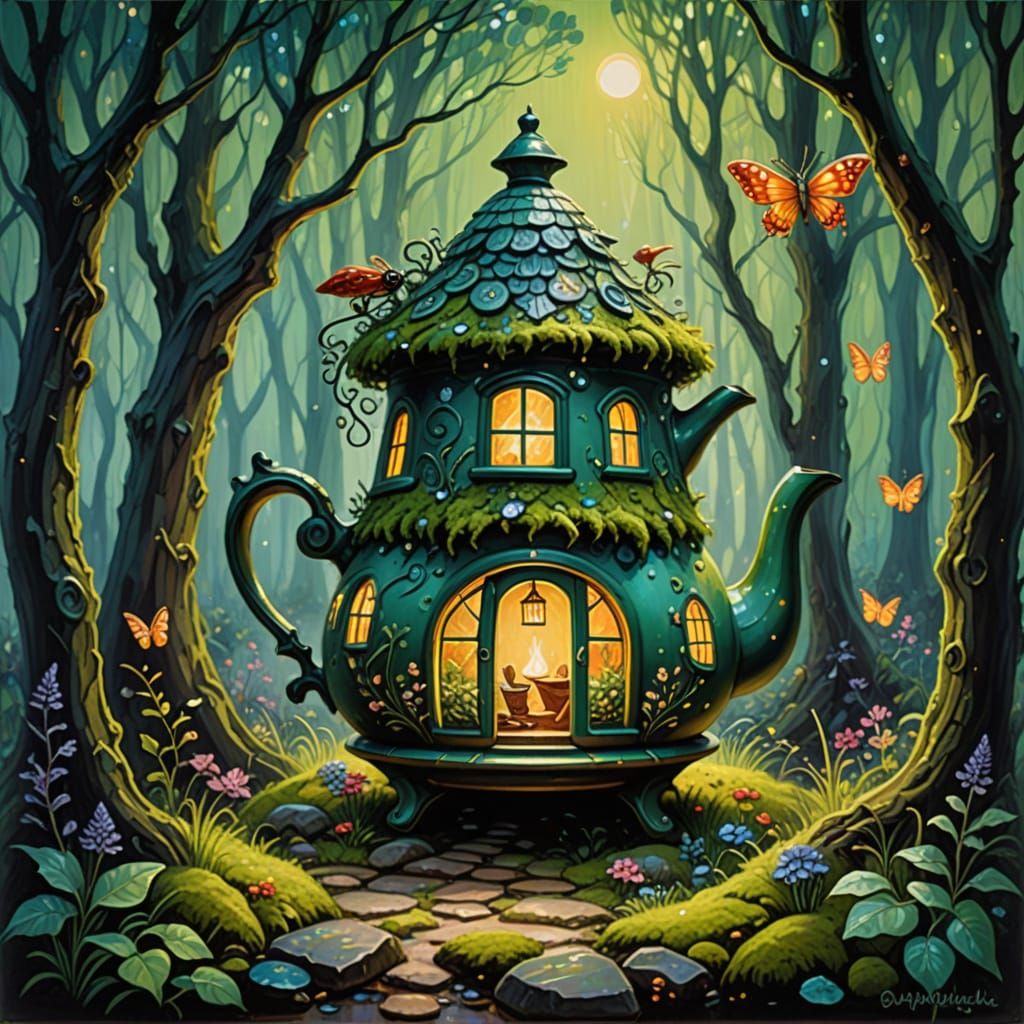 a teapot serves as a cottage  by @Poochamoo
