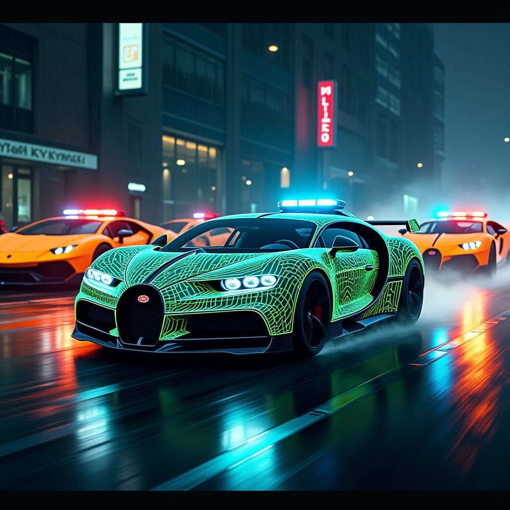 neon Bugatti chased by neon Lamborghini cops with big machine guns on them  