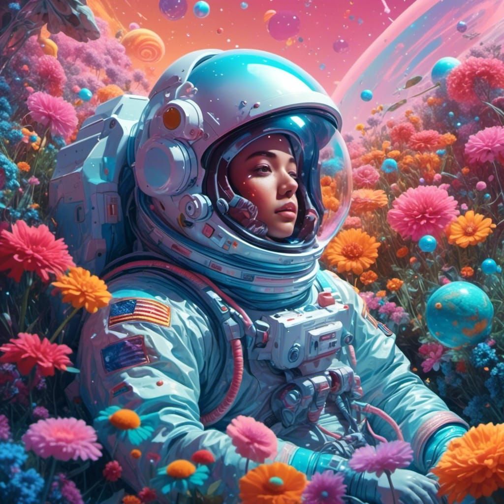 <lora:Bonbon Panic XL:1.0>
An astronaut lying in a garden of flowers. The universe is reflected in the visor. Candy sci-fi