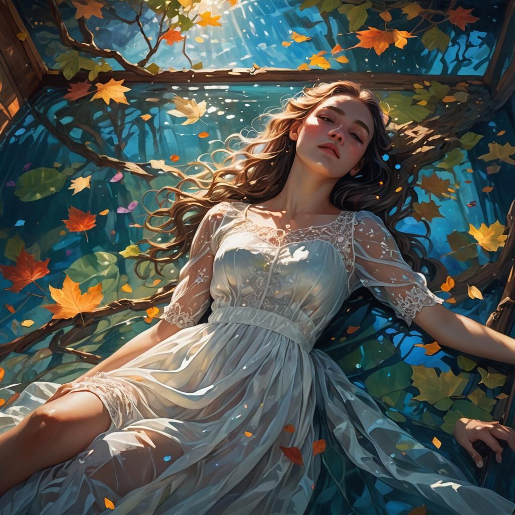 a young women lying down on her back in a wooden bed looking at the ceiling. She is wearing a light see-through white dress. The floor is a...